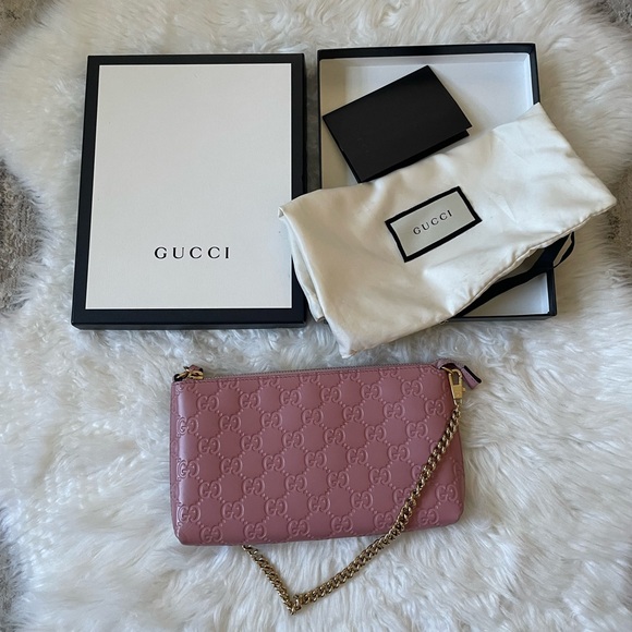 Gucci Handbags - Gucci Pink GG Embossed Leather Chain Pochette